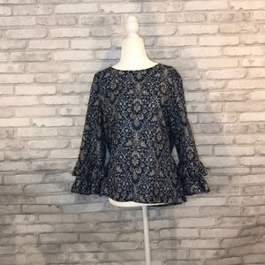J.Crew blue floral top ruffle sleeves size 14
